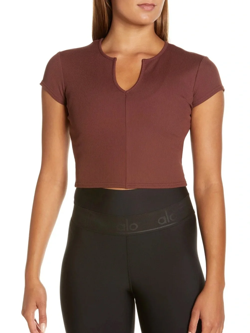 NWT ALO Ribbed Cropped Savvy Short Sleeve Cherry Cola Size M
